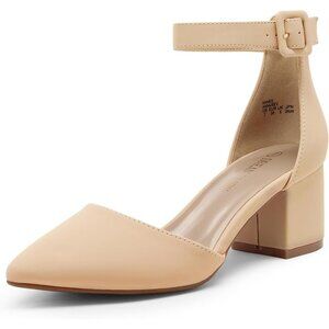 🆕 Women Cream Chunky Closed Toe Low Block Heels Dress Pointed Ankle Strap Pump
